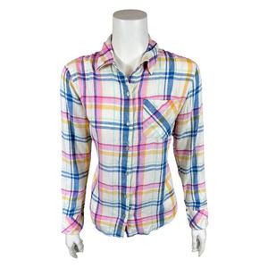 Candace Cameron Bure Regular Linen Blend Button-Front Shirt White Plaid Small Sz